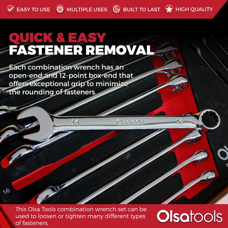 Olsa Tools 15 Pcs Metric Combination Wrench Set, Sizes 8-22mm, Unbreakable, Chrome Vanadium Steel, Polycarbonate - Image 3